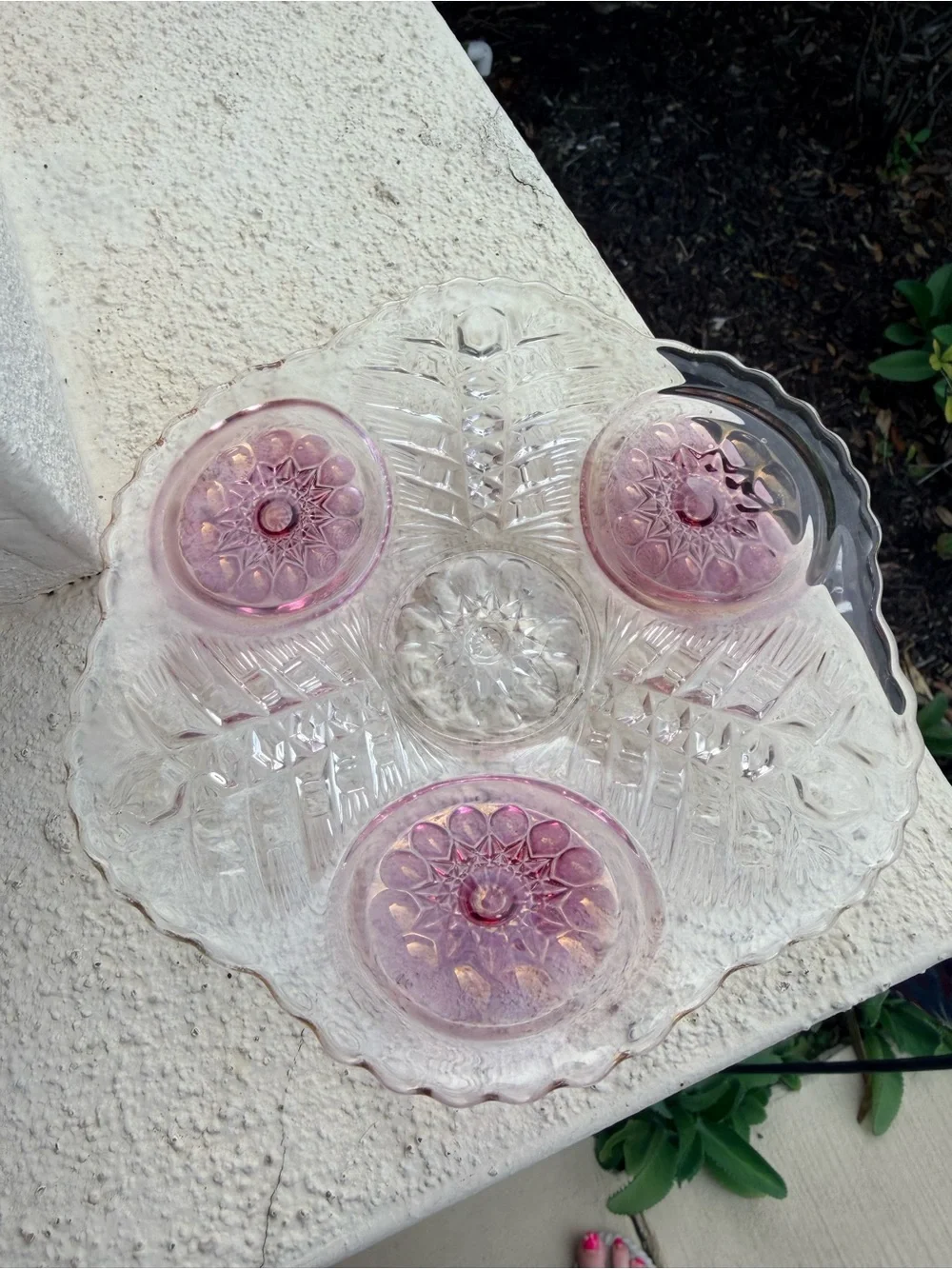 Vintage Hofbauer Byrdes Crystal Footed Cake Plate Pink Bird Medallions Germany